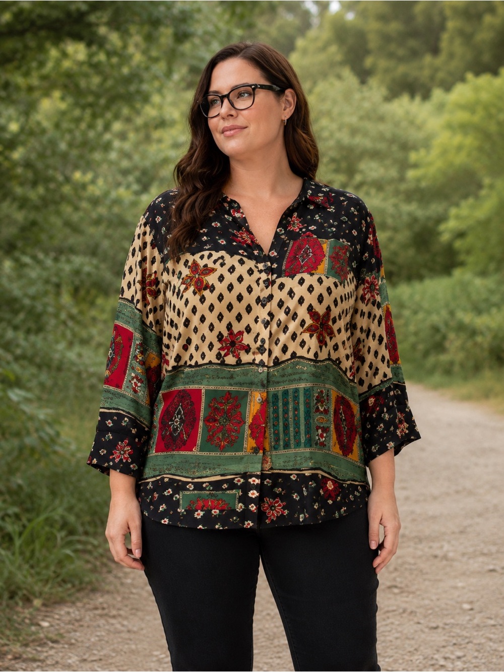 Patch Work Artsy  Chic Box’s Shape Vintage GOSSIP 22W Button-Up Blouse